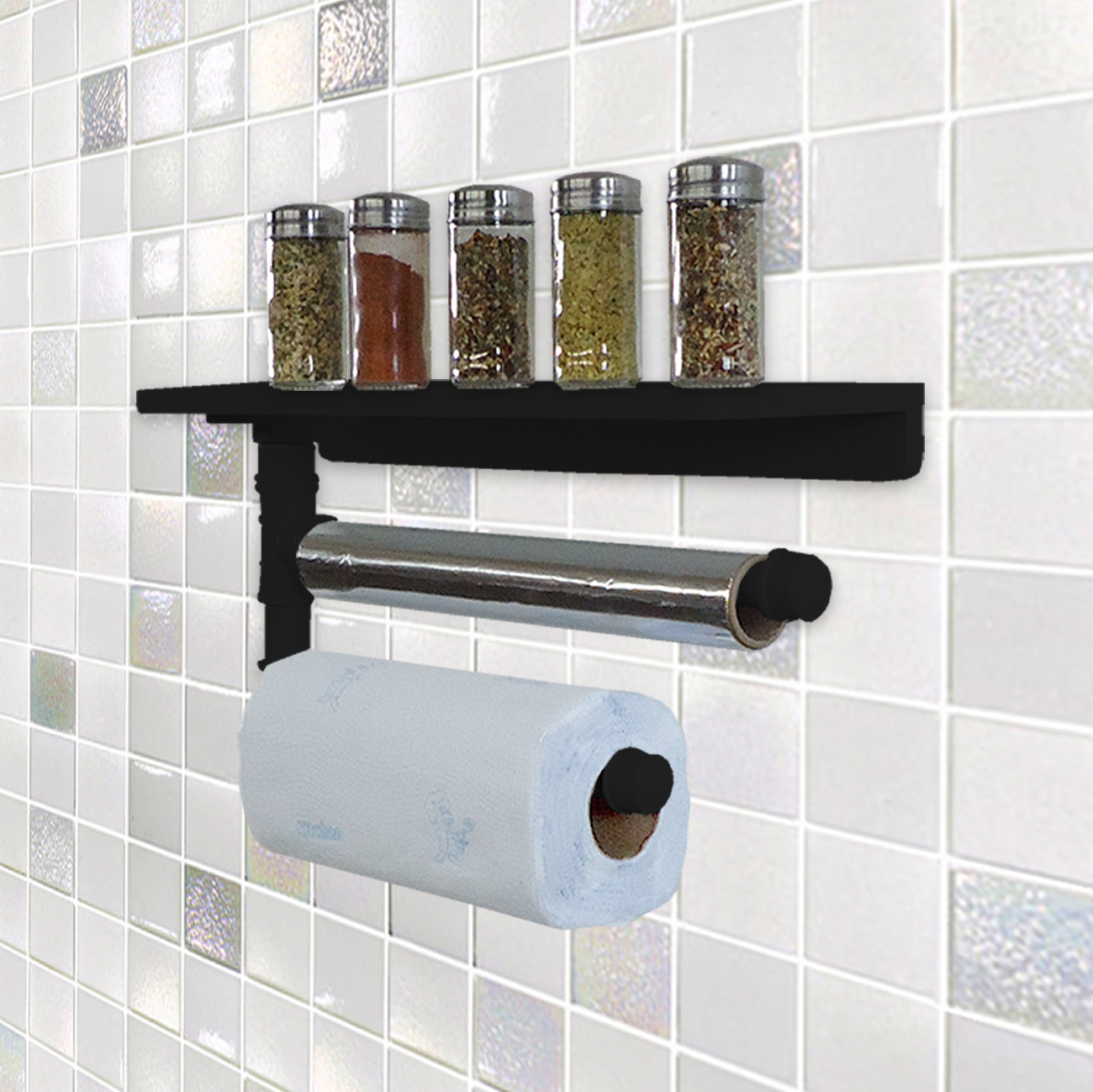 Suporte de Parede Porta Papel Toalhas e Prateleira para Temperos Cozinha Estilo Industrial Preto Laca