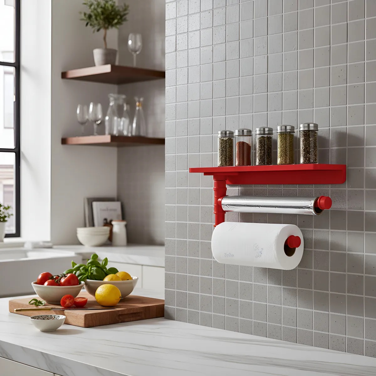 Suporte de Parede Porta Papel Toalhas e Prateleira para Temperos Cozinha Estilo Industrial Vermelho Laca