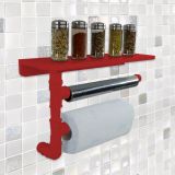 Suporte de Parede Porta Papel Toalhas e Prateleira para Temperos Cozinha Estilo Industrial Vermelho Laca