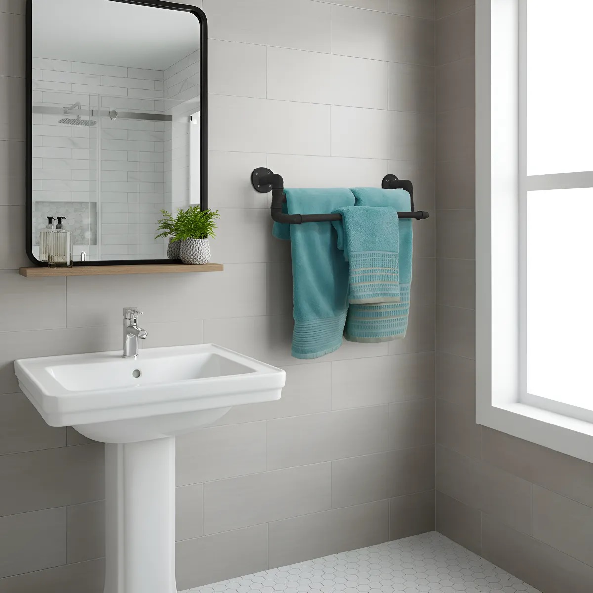 Toalheiro Duplo Suporte Porta Toalhas de Parede Acessório para Banheiro Estilo Industrial Preto Laca