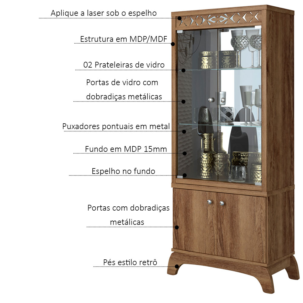 Cristaleira com 02 Portas de Vidro Sala de Jantar Infinity Canela - Frade Movelaria