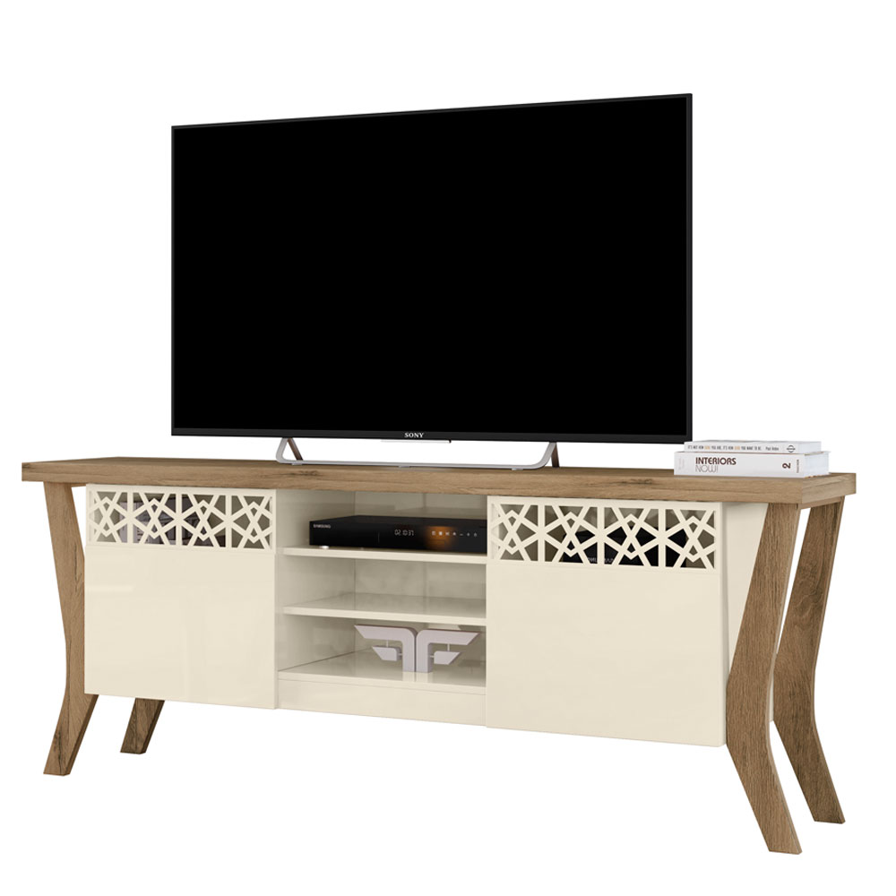 Rack Bancada para TV até 60 Polegadas Sala de Estar Decor Off White/Canela - Frade Movelaria
