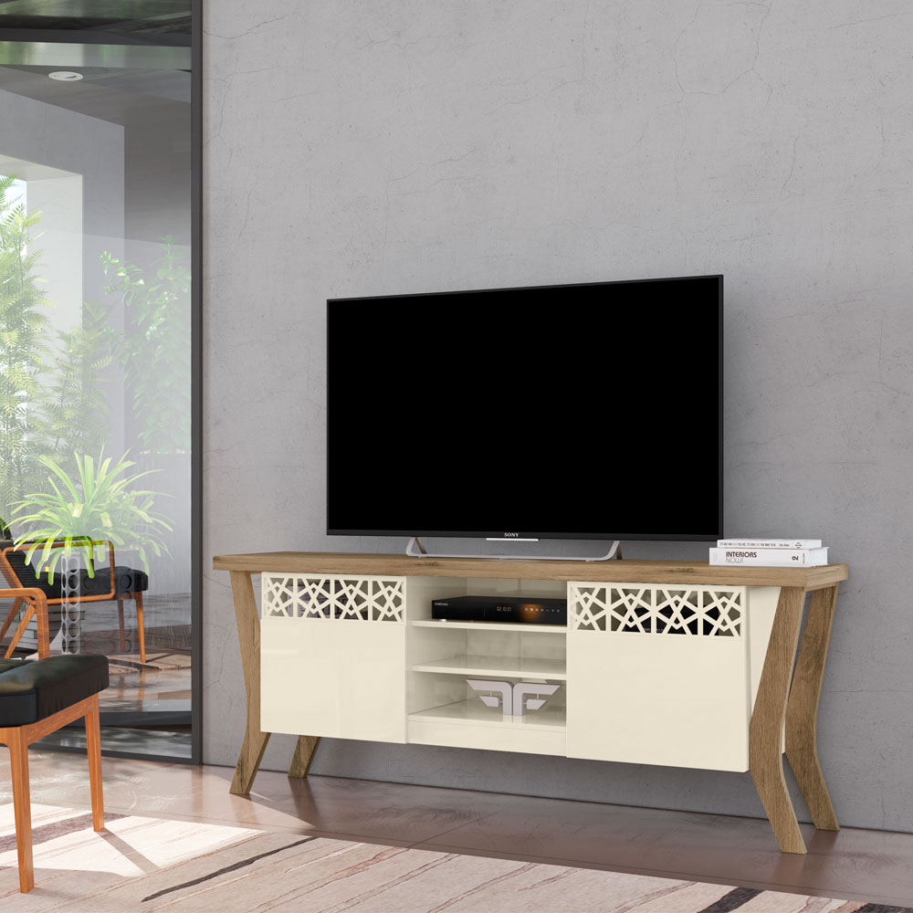 Rack Bancada para TV até 60 Polegadas Sala de Estar Decor Off White/Canela - Frade Movelaria