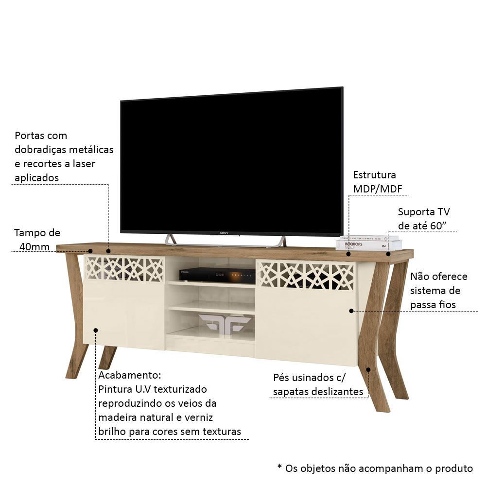 Rack Bancada para TV até 60 Polegadas Sala de Estar Decor Off White/Canela - Frade Movelaria