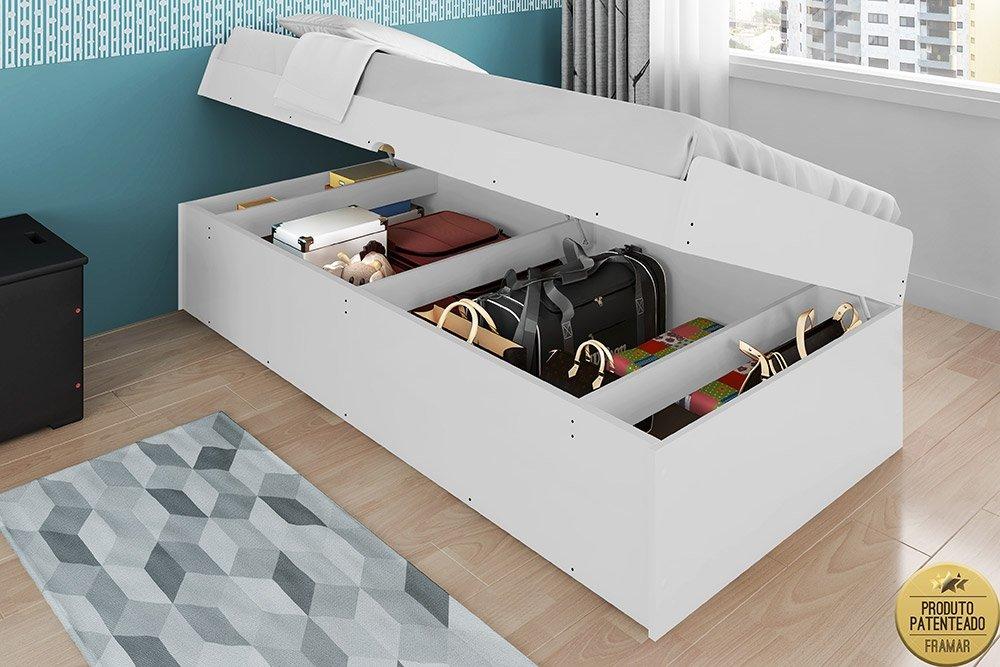Cama Baú Espaçosa Solteiro Camila Branca Com Colchão