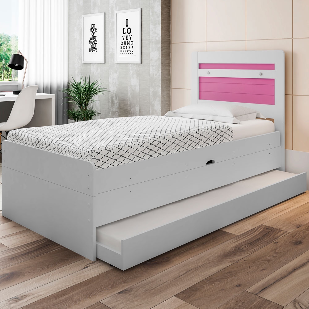 Cama Baú Solteiro Branco e Rosa com Aux. e Colchões