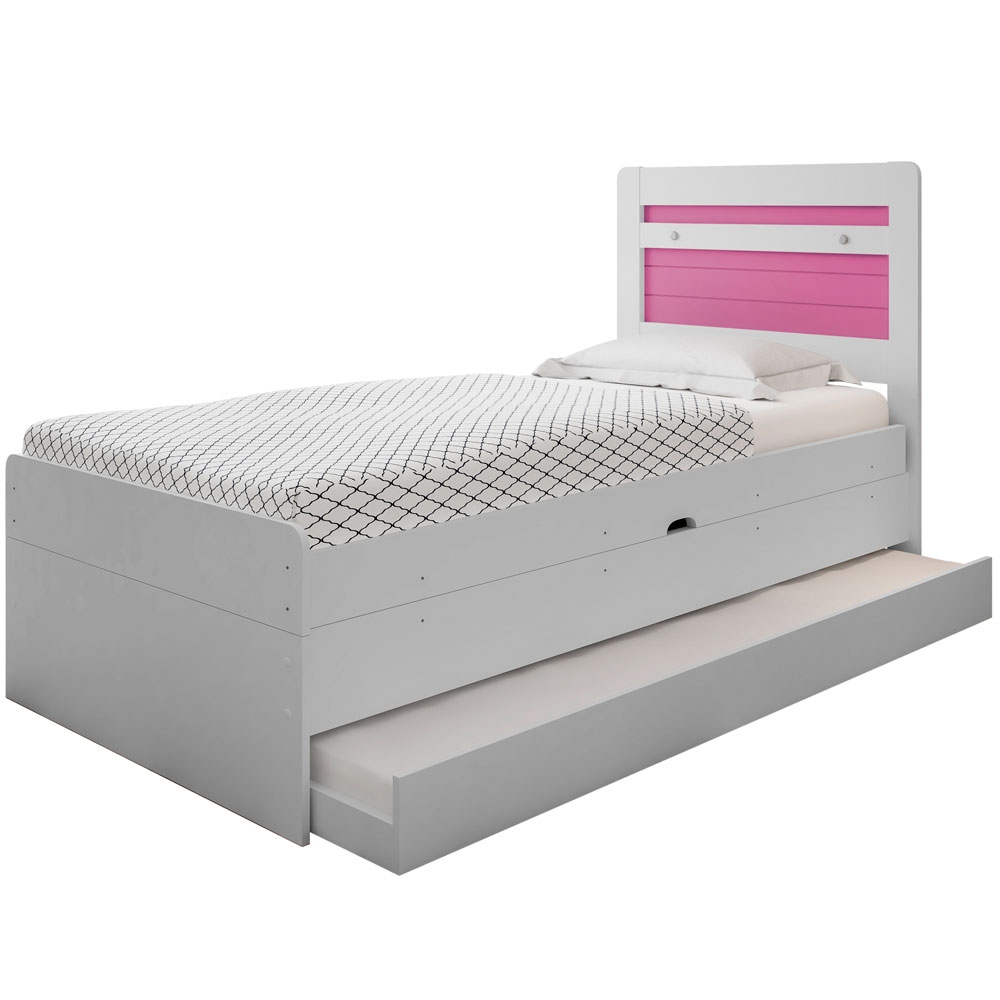 Cama Baú Solteiro Branco e Rosa com Aux. e Colchões