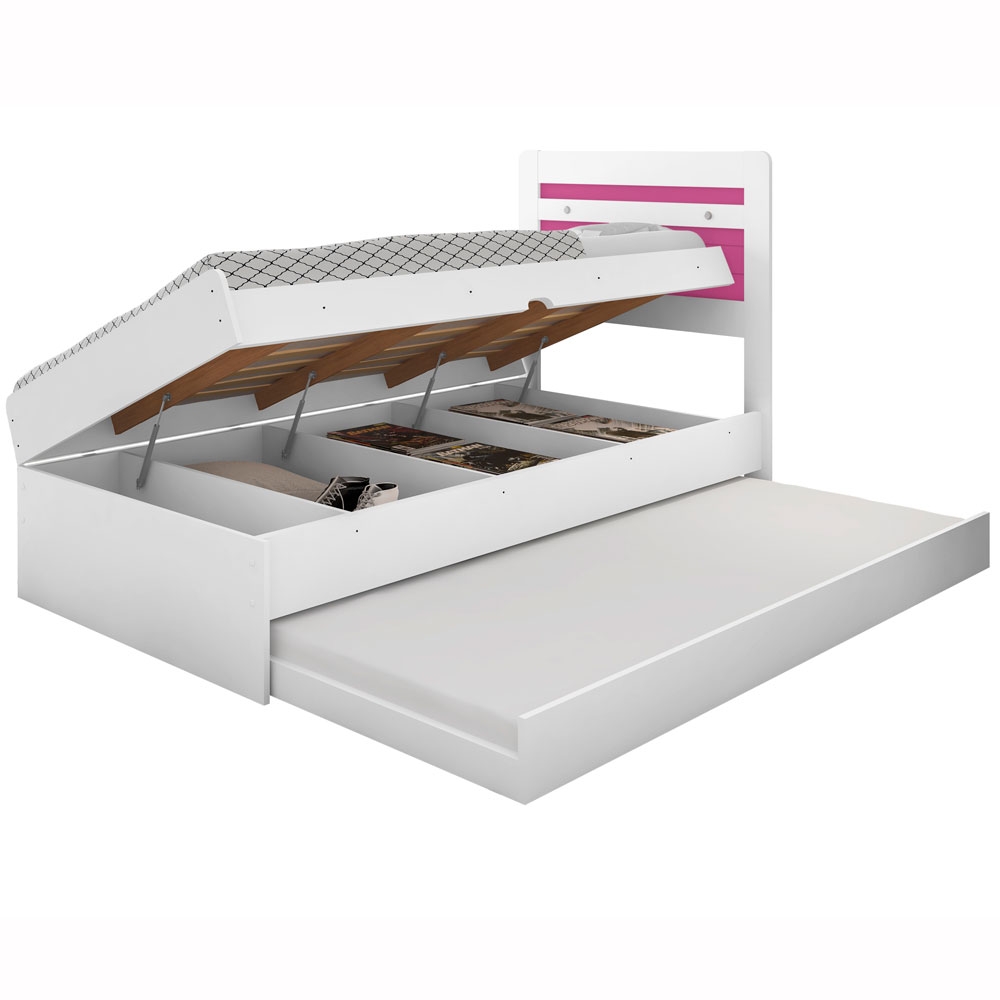 Cama Baú Solteiro Branco e Rosa com Aux. e Colchões