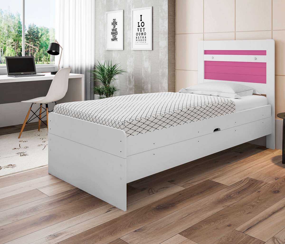 Cama Baú Solteiro Larissa Branco e Rosa com Colchão