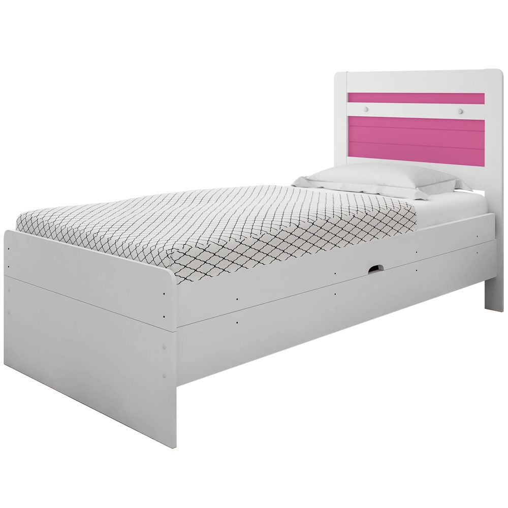 Cama Baú Solteiro Larissa Branco e Rosa com Colchão