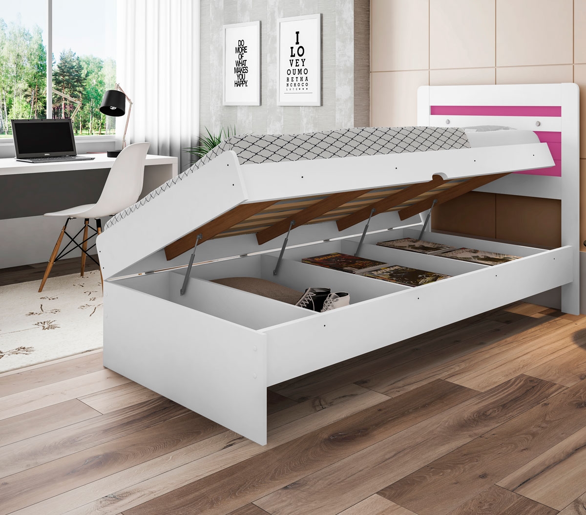 Cama Baú Solteiro Larissa Branco e Rosa com Colchão
