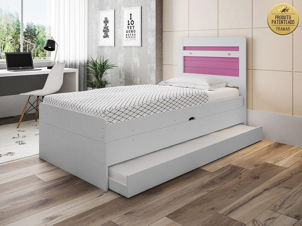 Cama Larissa Solteiro Branca E Rosa Com Auxiliar E 02 Colchões Framar