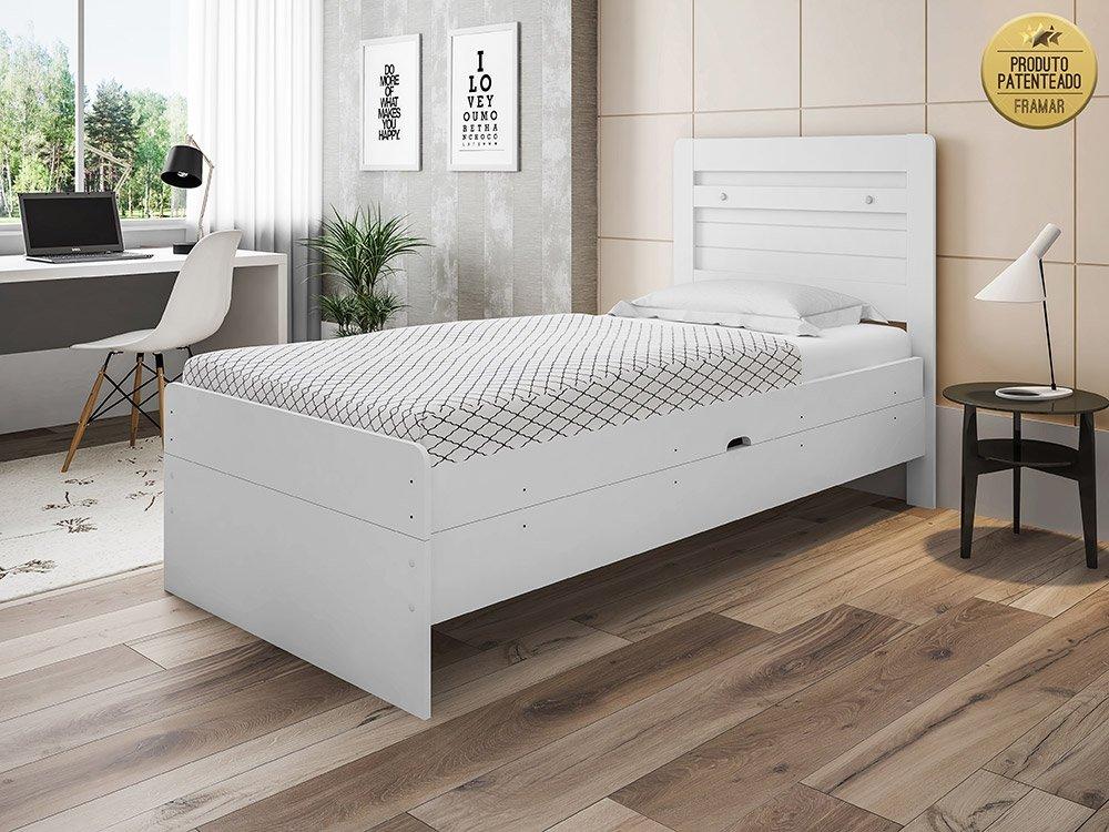 Cama Solteiro Baú Larissa Branca Com Colchão
