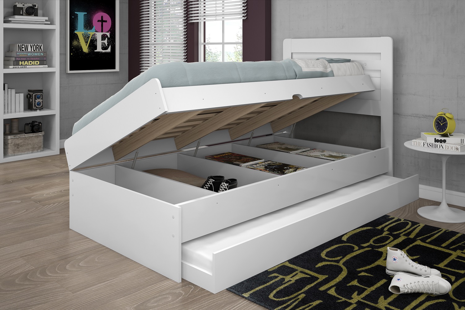 Cama Solteiro Baú Larissa Com cama auxiliar Dani Framar Branco