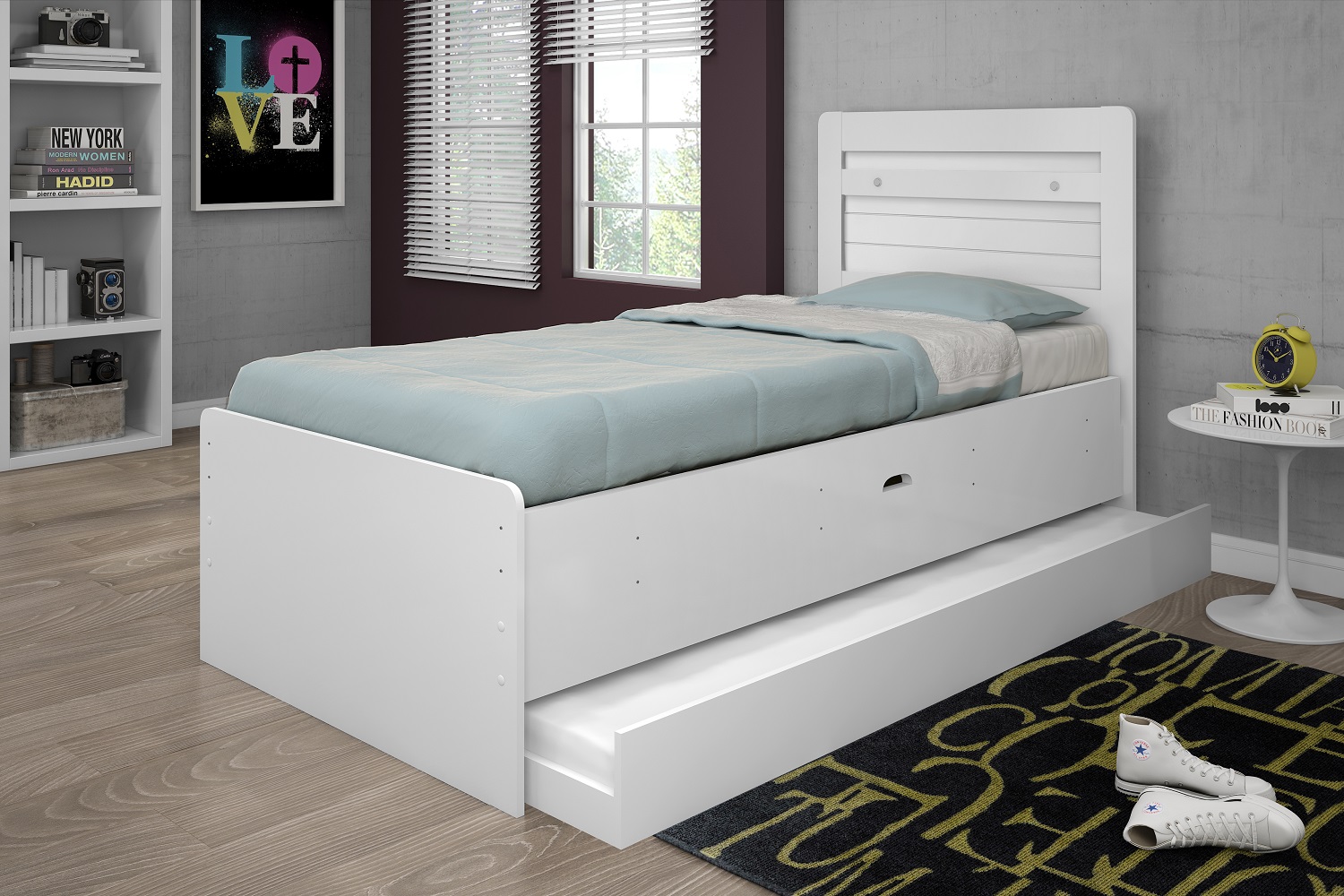 Cama Solteiro Baú Larissa Com cama auxiliar Dani Framar Branco