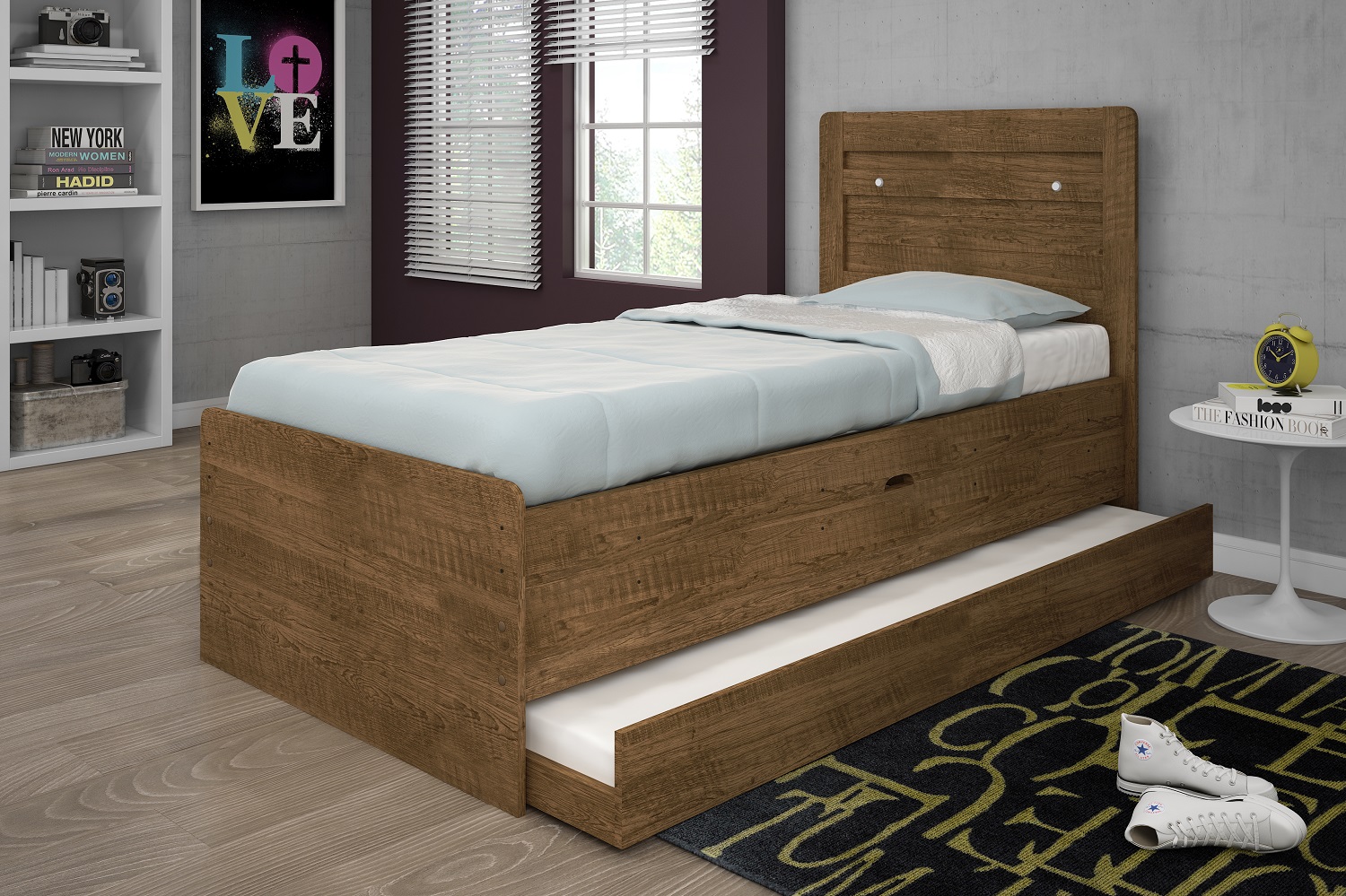 Cama Solteiro Baú Larissa Com cama auxiliar Dani Framar Malbec