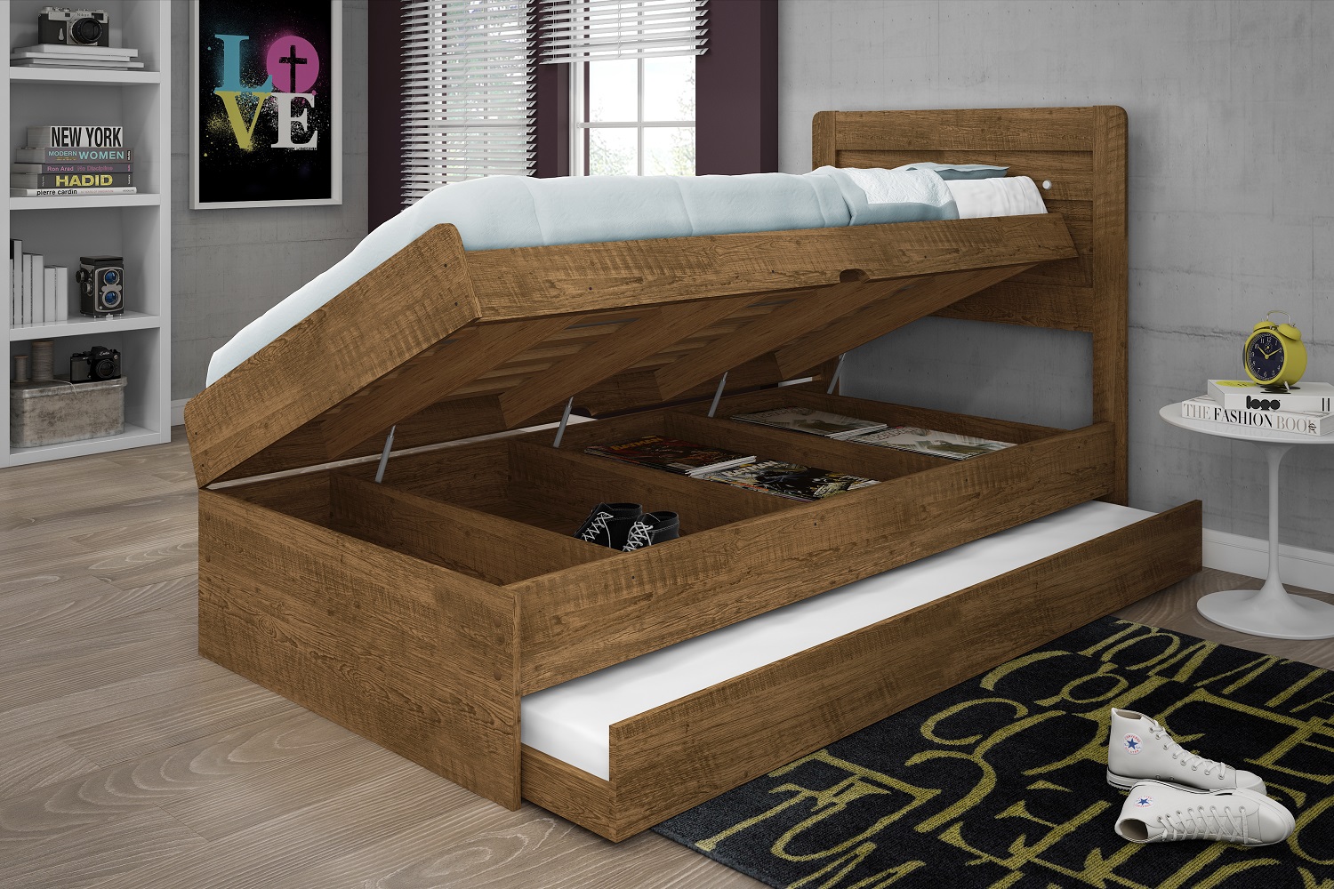 Cama Solteiro Baú Larissa Com cama auxiliar Dani Framar Malbec