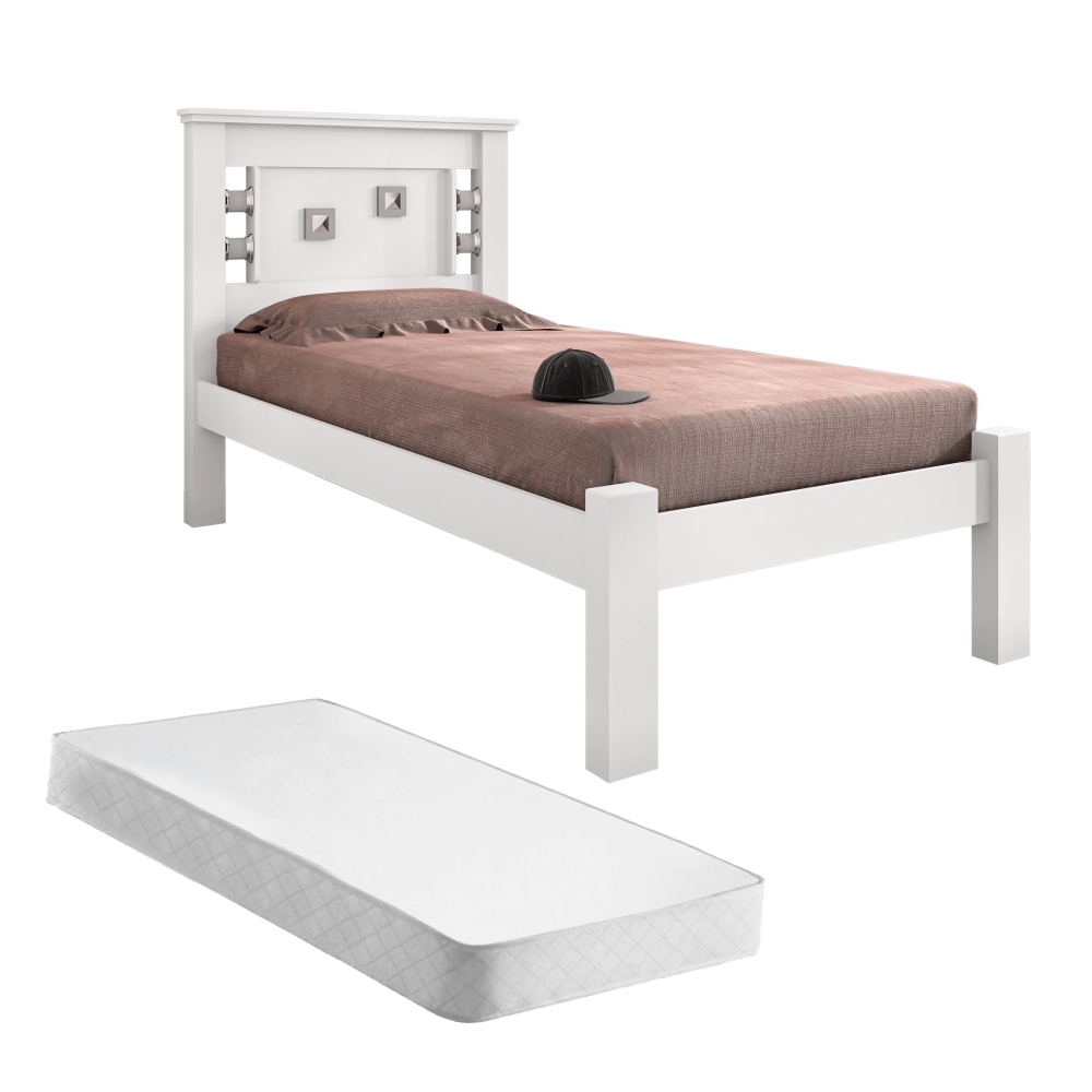 Cama Solteiro Buran Branco e Rosa com Colchão