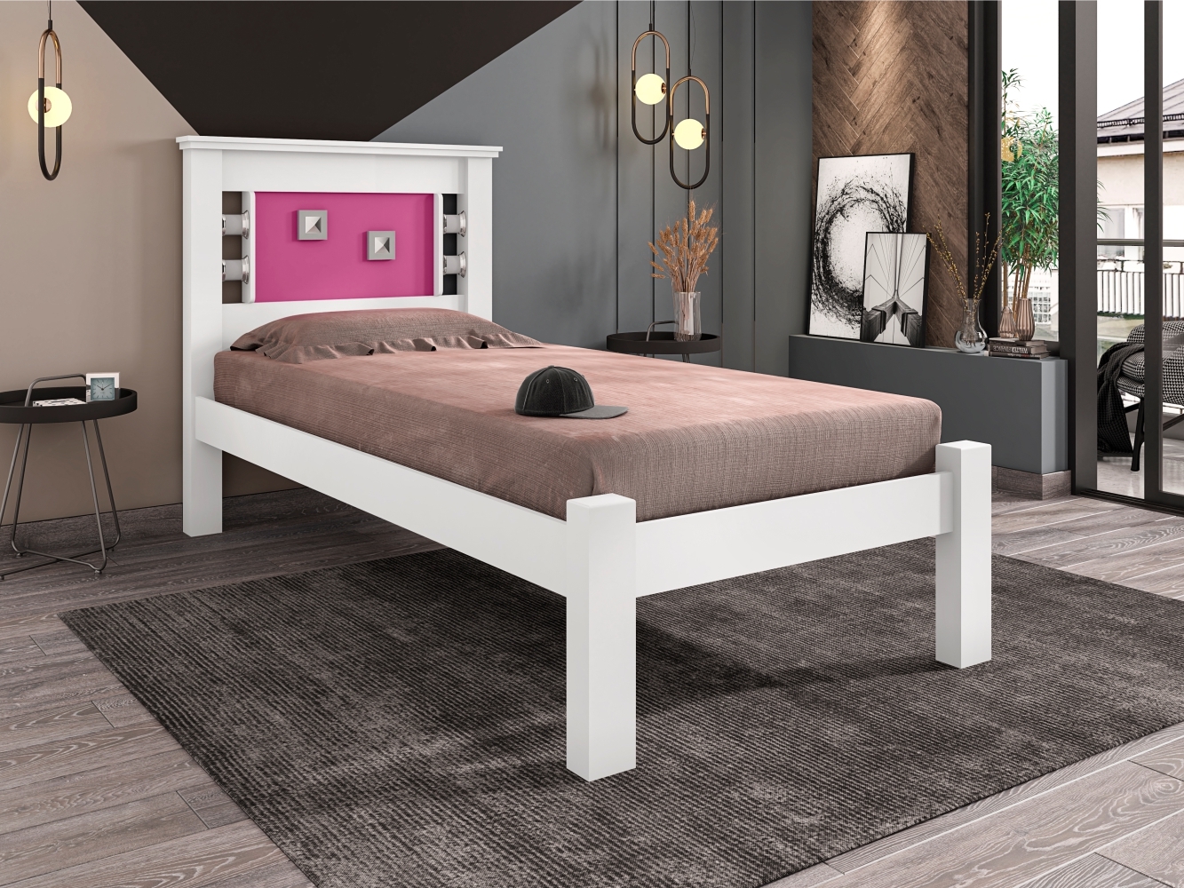 Cama Solteiro Buran Branco e Rosa com Colchão