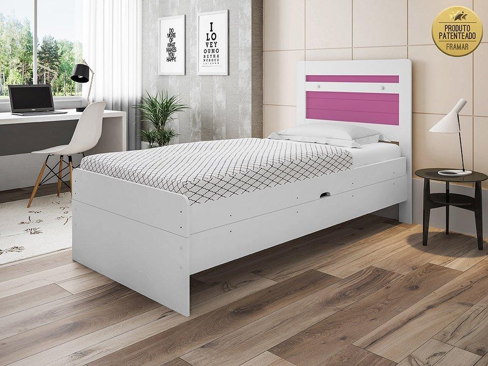 Cama Solteiro Larissa Branca e Rosa com Colchão Framar