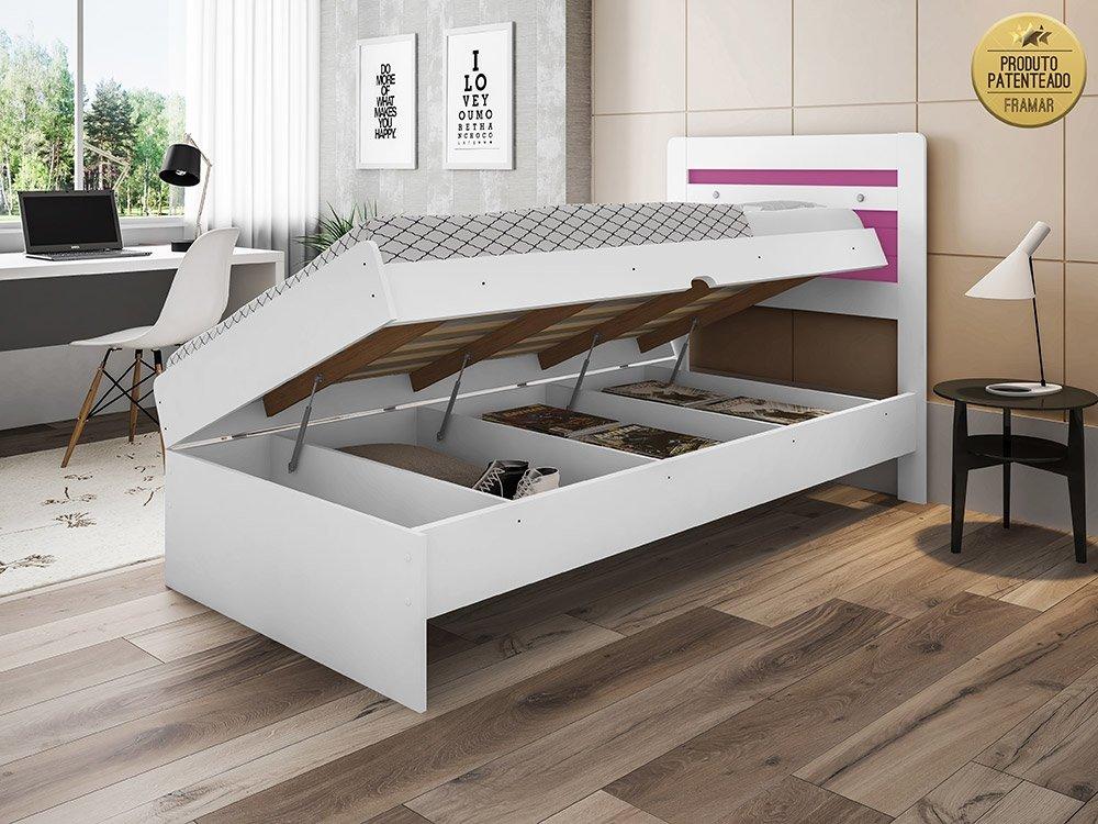 Cama Solteiro Larissa Branca e Rosa com Colchão Framar
