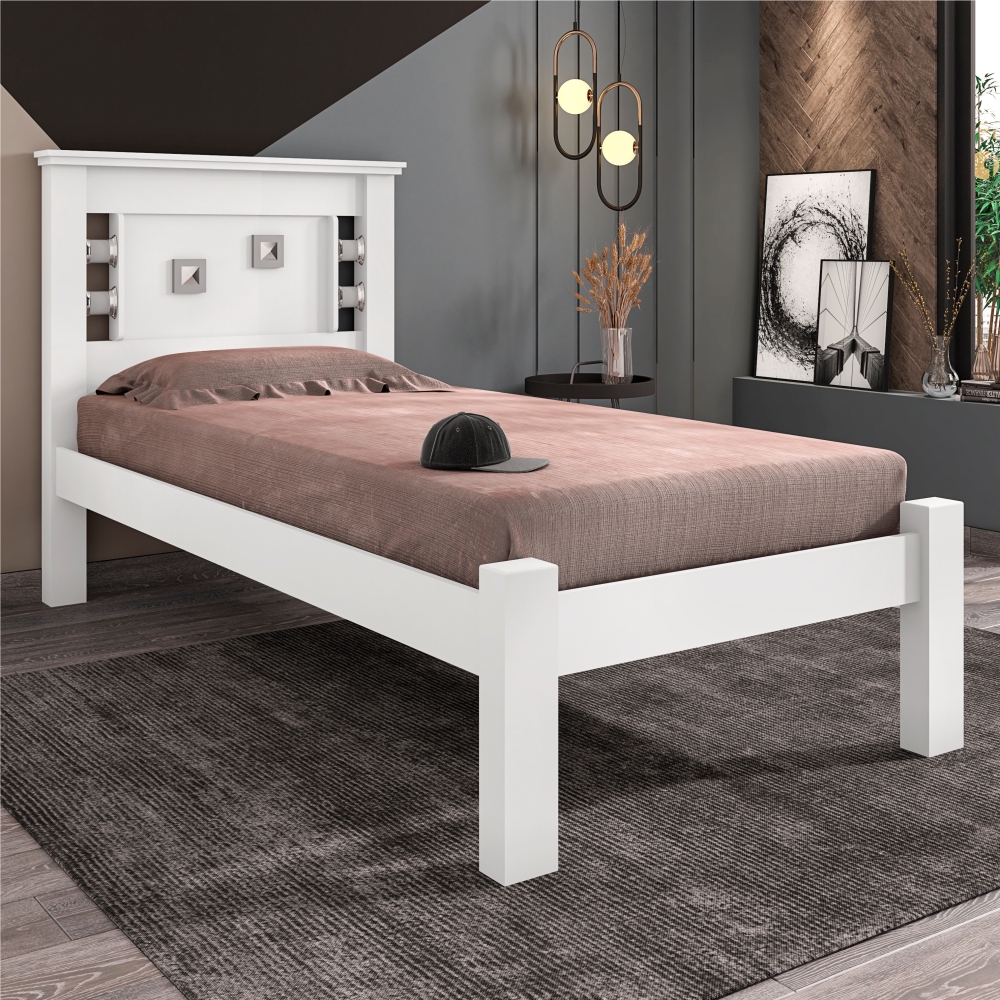 Cama de Solteiro Fuol Branco e Rosa com Colchão