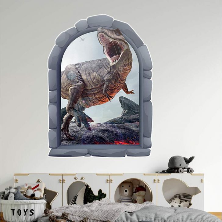 Adesivo de Parede Janela Falsa Dinossauro T-Rex Mod 02- Pequeno 55x40cm