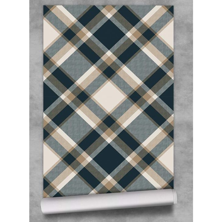 Papel De Parede Xadrez Bege E Azul Adesivo Lavável 3mx50cm-SKU-1303