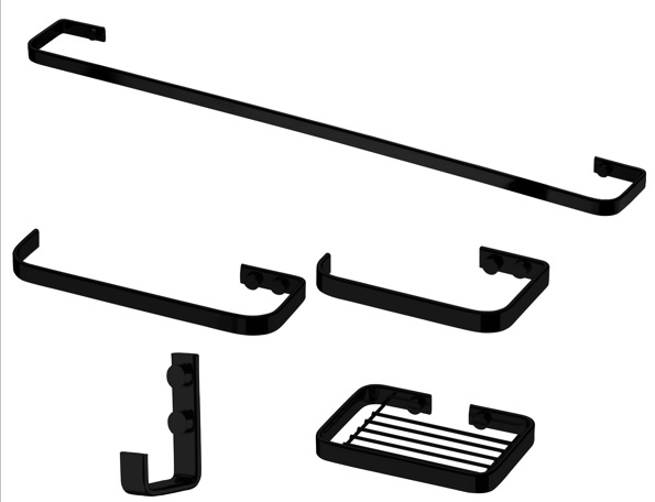 Kit acessorios banheiro lavabo 5 peças preto fosco Future toalheiro banho, toalha rosto 22 cm, papeleira, cabide,saboneteira 