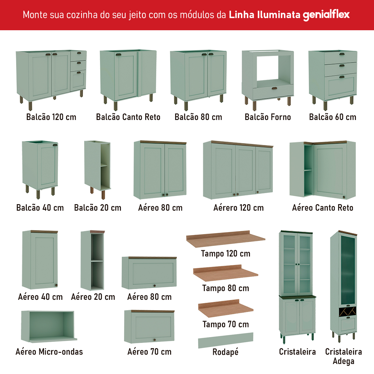 Armário De Cozinha Genialflex Iluminata 4 Peças Verde Mint