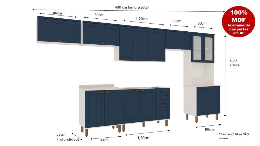 Armário De Cozinha Genialflex Iluminata 7 Peças Branco Azul