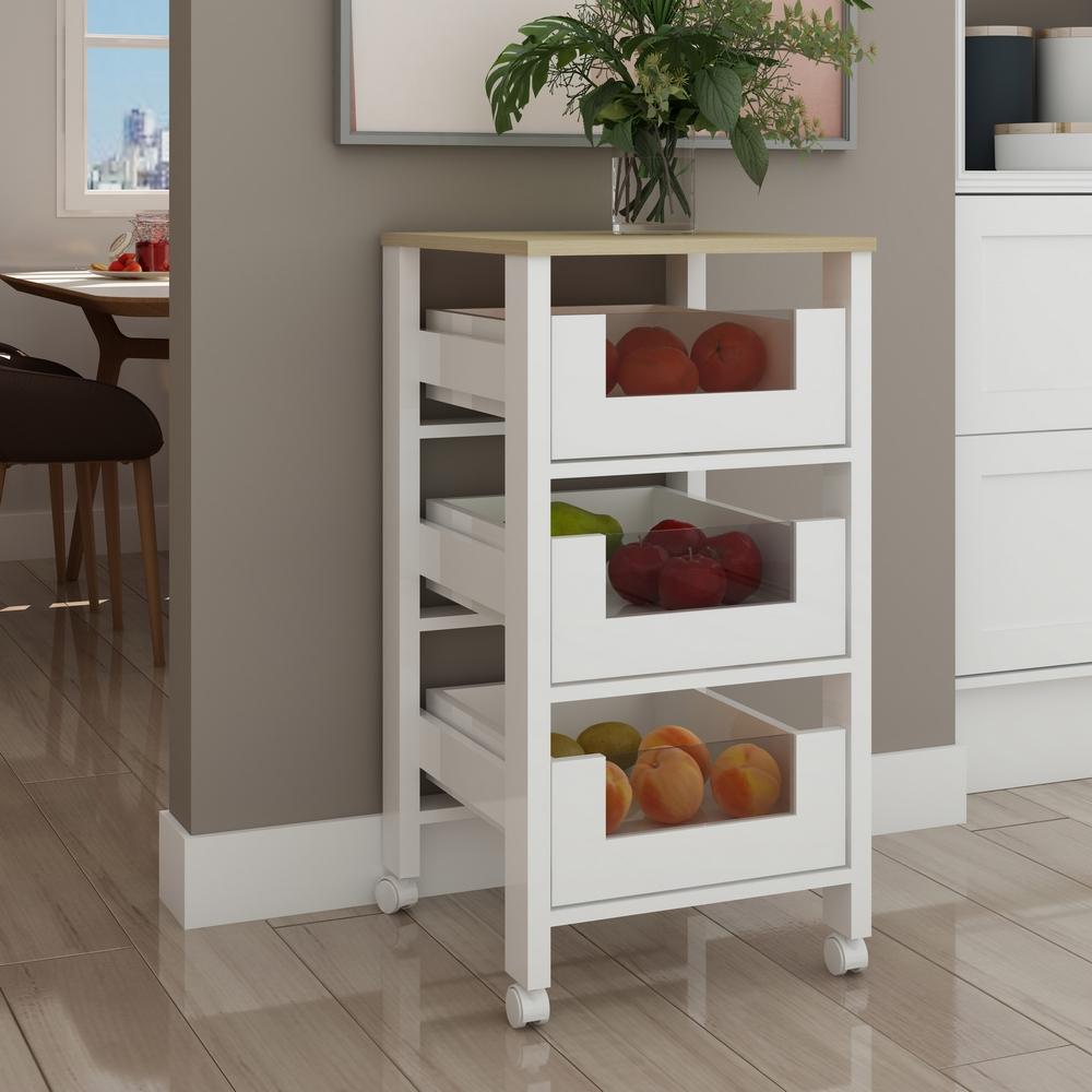 Armário Fruteira 3 Cestos com Detalhes em Vidro e Rodizios Branco / Savana Genialflex