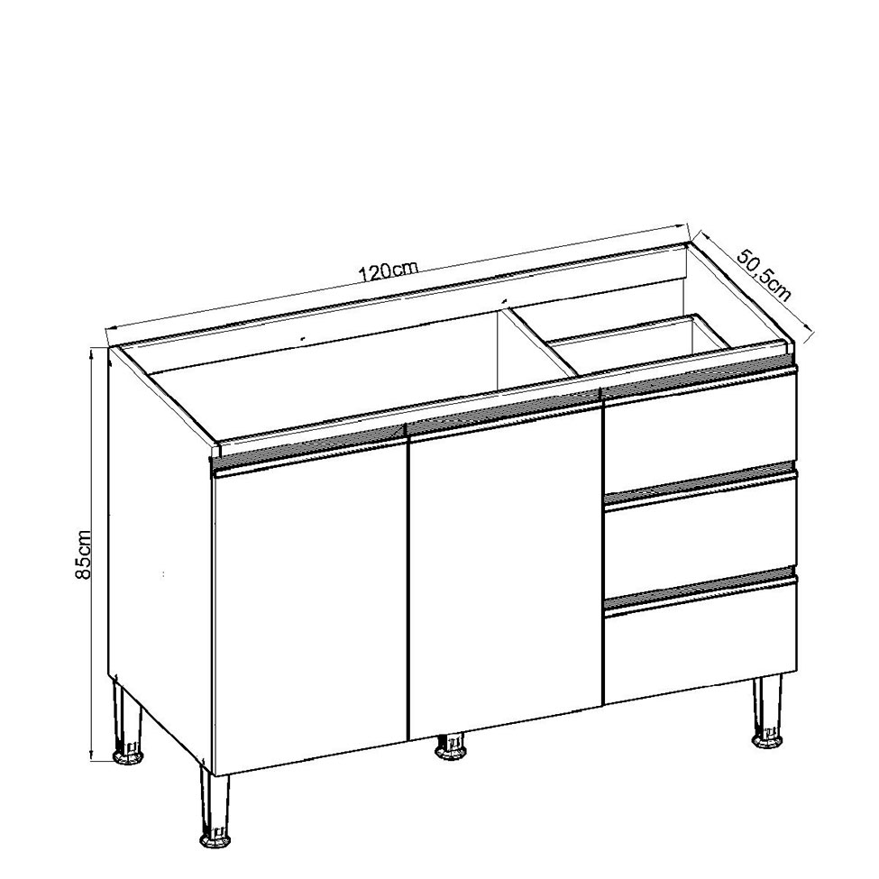 Balcão de Cozinha Conecta I 2 Portas 3 Gavetas Ébano e Off White