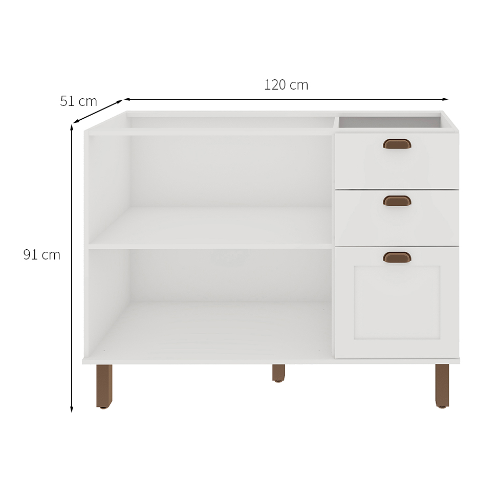 Balcão de Cozinha Iluminata 2 Portas 3 Gavetas Branco 120 cm