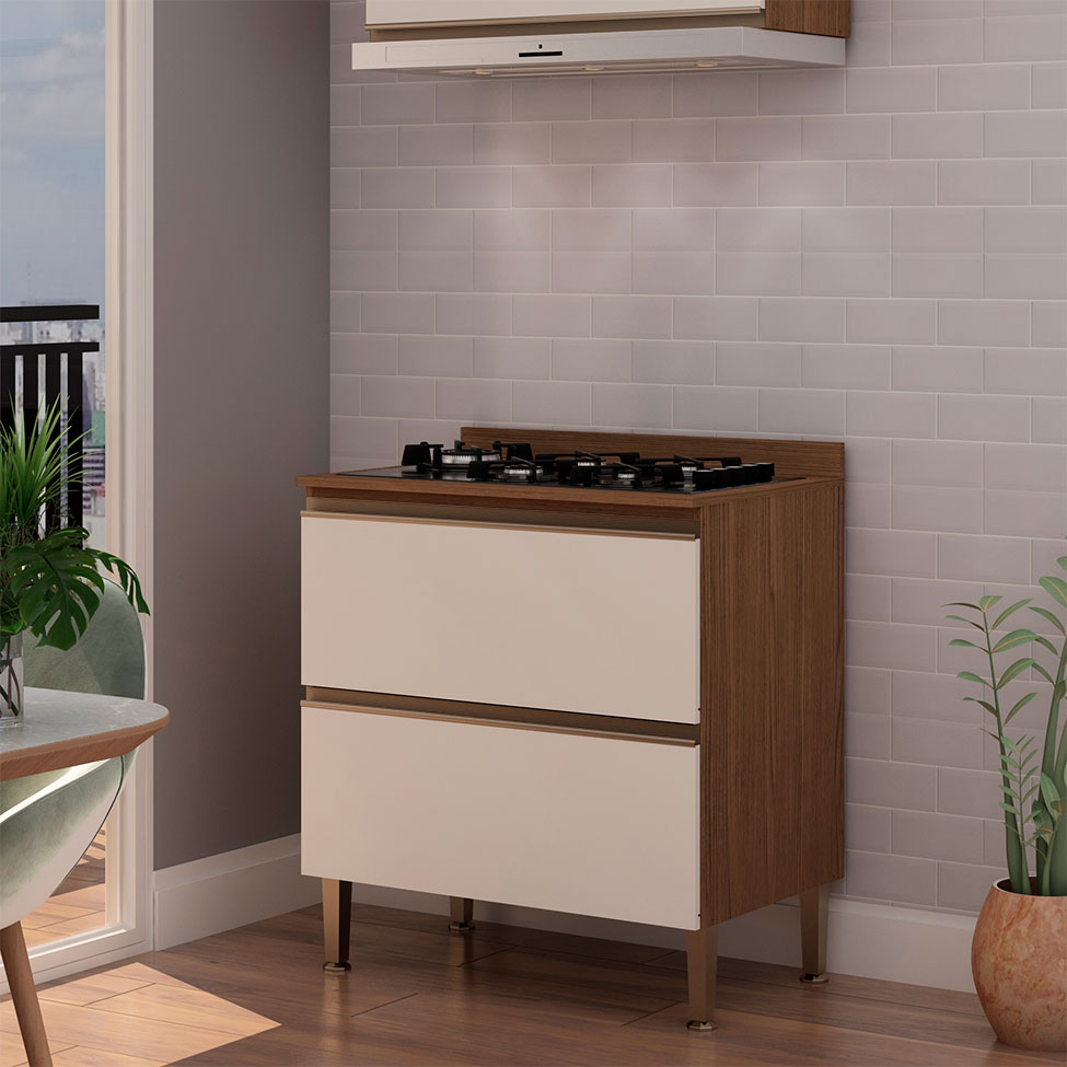 Balcão de Cozinha com Tampo Conecta 2 Gavetas Ébano e Off White