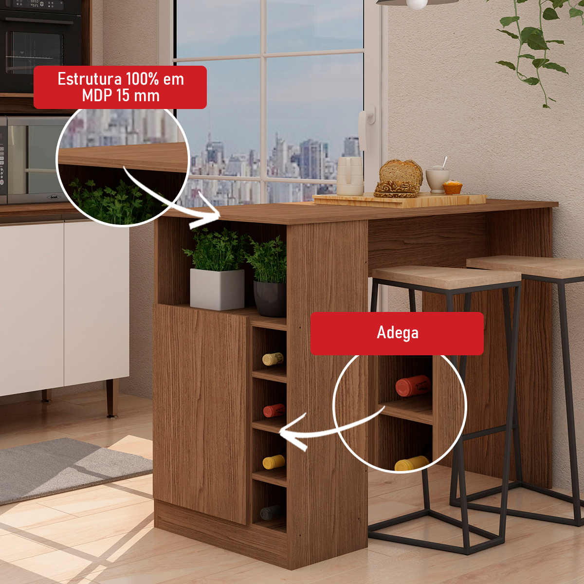 Bancada de Cozinha Genialflex Romana Porta Adega Ébano Fosco