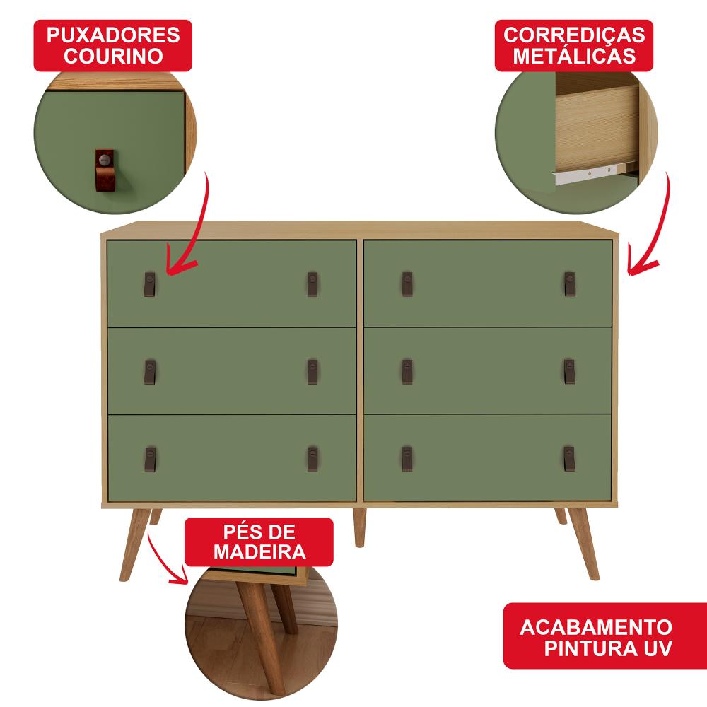 Cômoda Genialflex Amber 6 Gavetas Savana/Alecrim