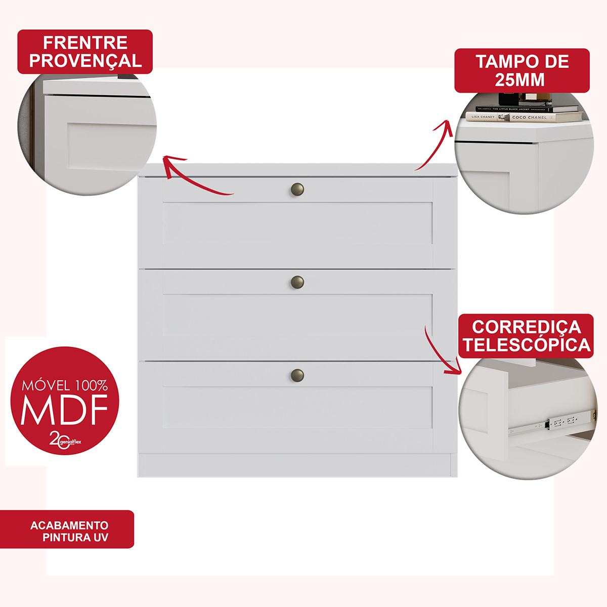 Cômoda Genialflex Infinity 3 Gavetas 100% MDF Branco