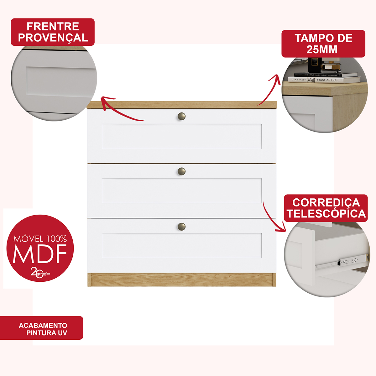 Cômoda Genialflex Infinity 3 Gavetas 100% MDF Savana/Branco