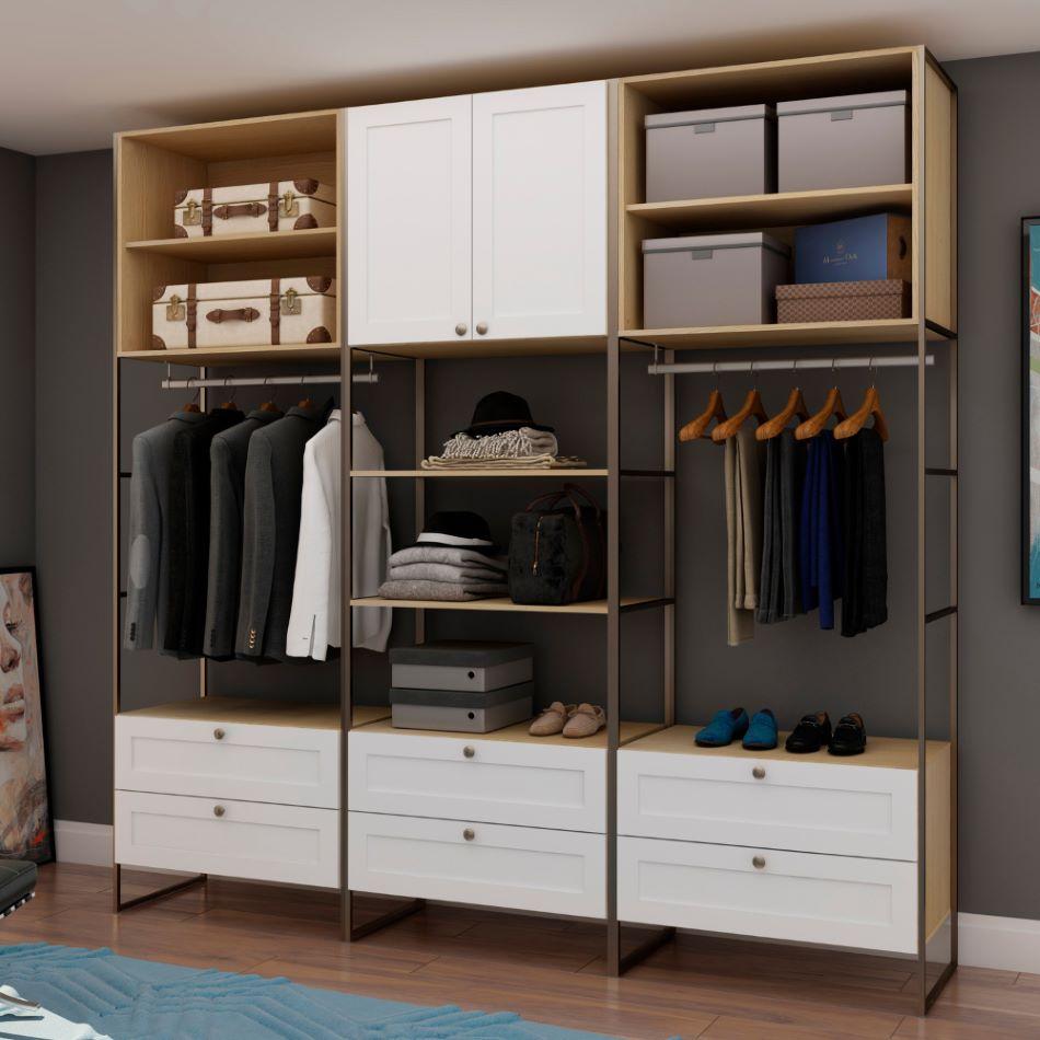 Closet Aberto Guarda-Roupa 2 Portas 6 Gvt Estilo Americano Savana/Branco
