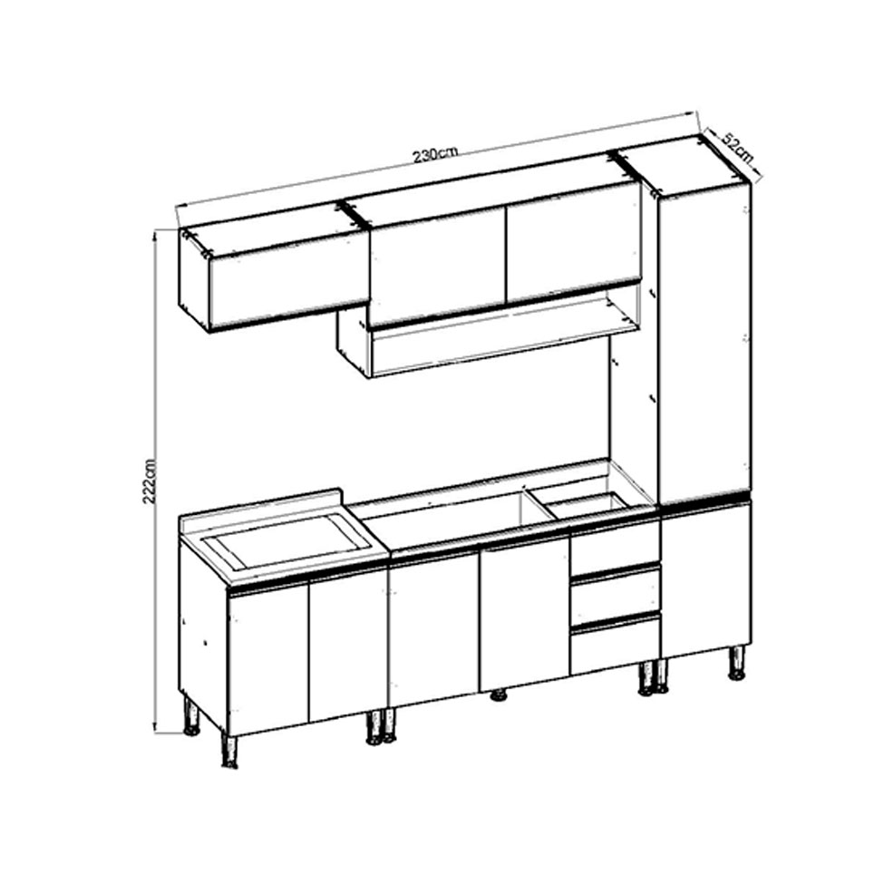 Cozinha Compacta Conecta 9 Portas 3 Gavetas Ébano e Off White