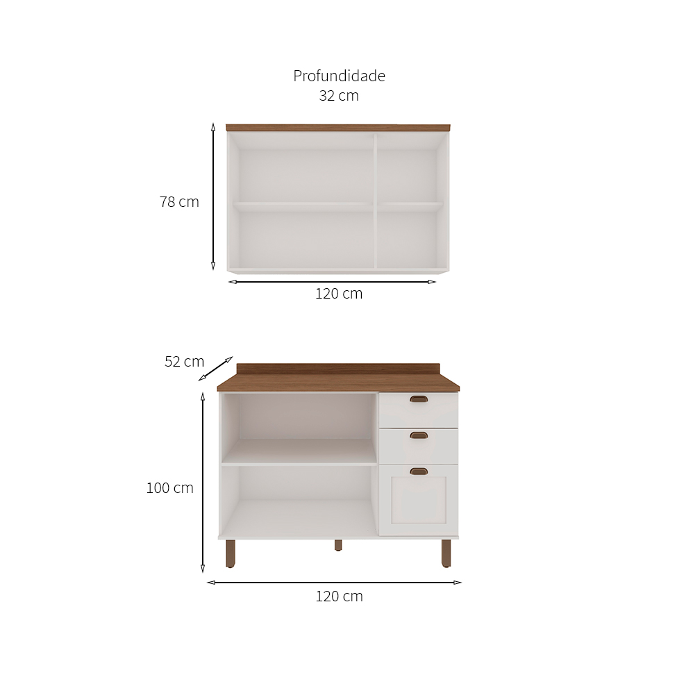 Cozinha Compacta Iluminata 5 Portas 3 Gavetas Branca e Ébano