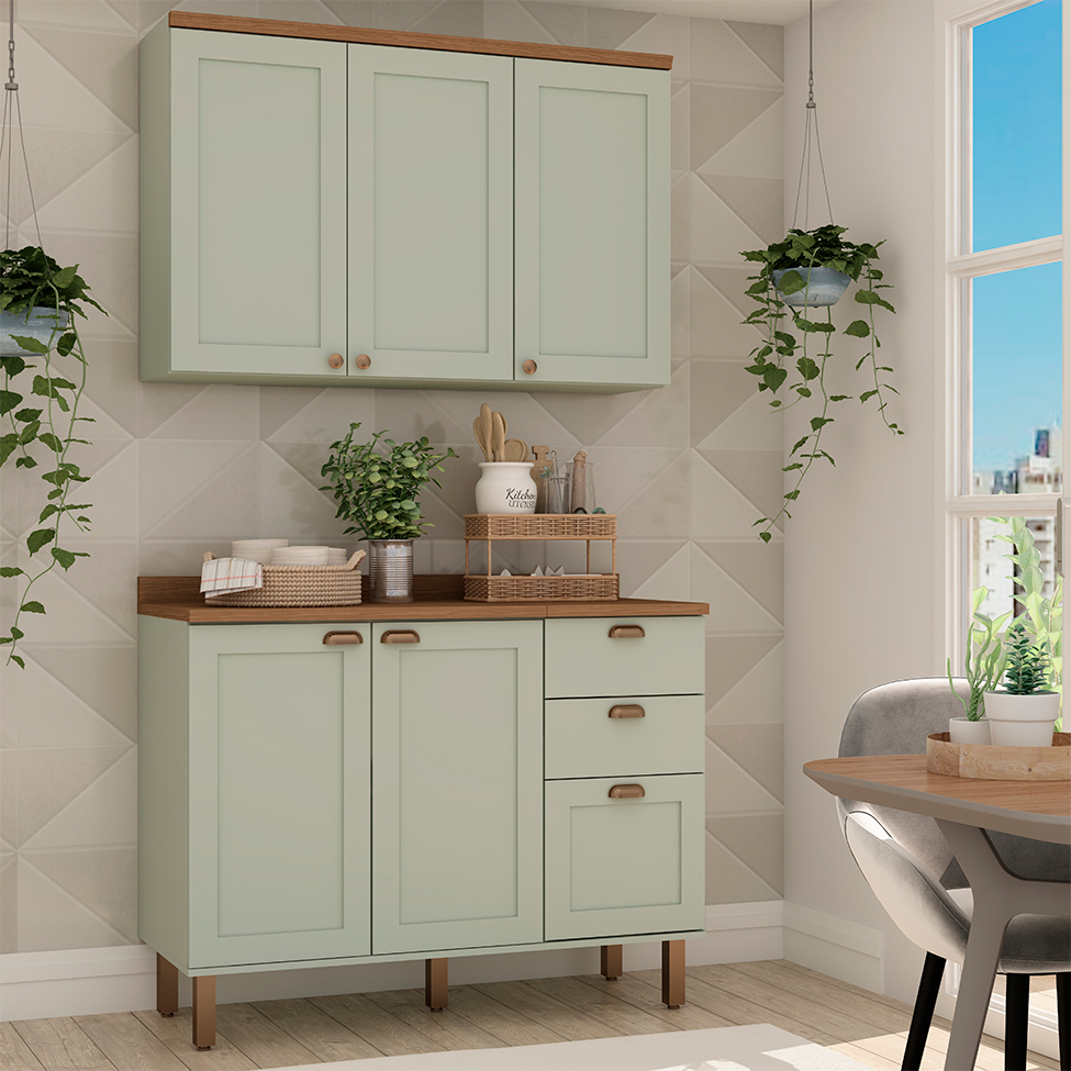 Cozinha Compacta Iluminata 5 Portas 3 Gavetas Verde Mint e Ébano