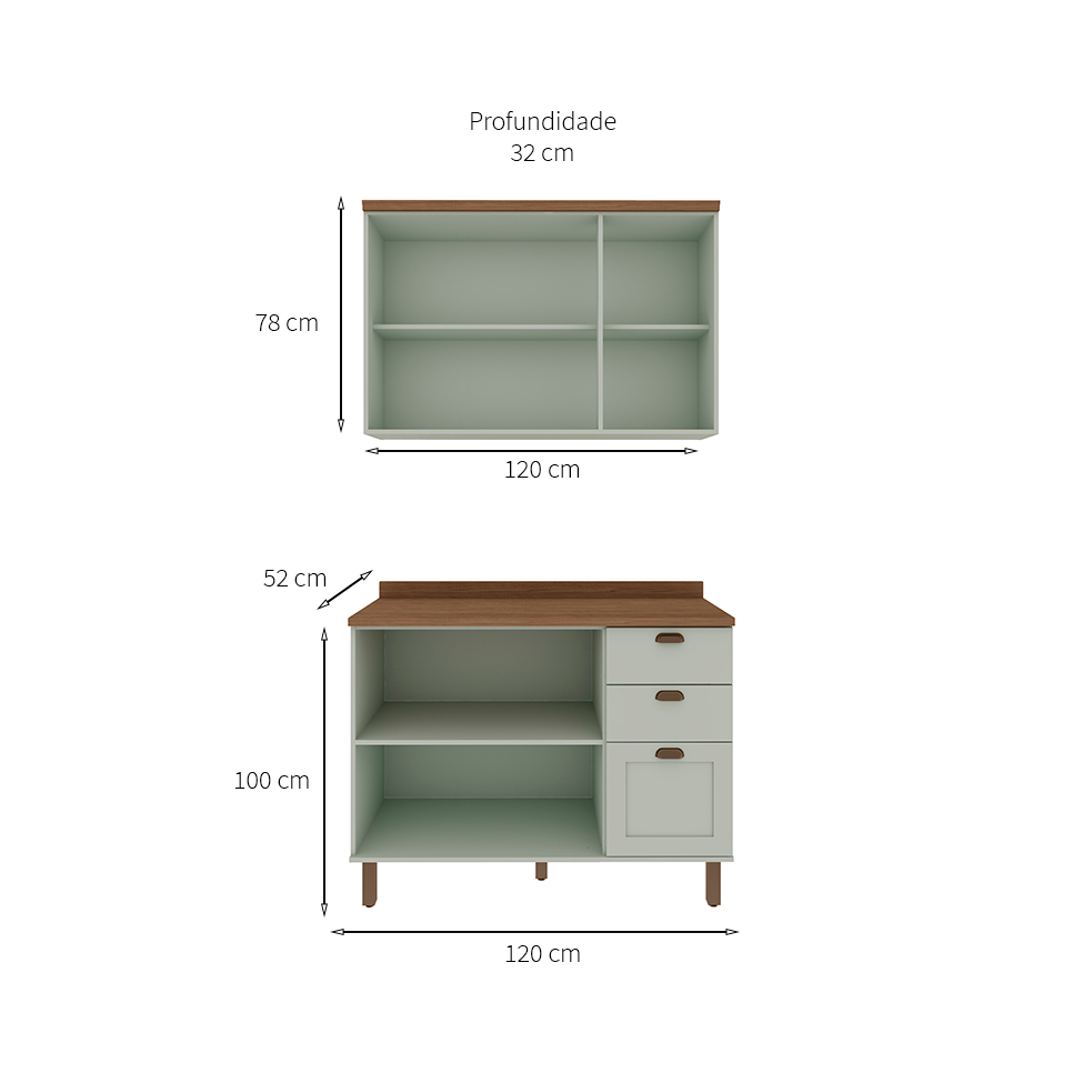 Cozinha Compacta Iluminata 5 Portas 3 Gavetas Verde Mint e Ébano