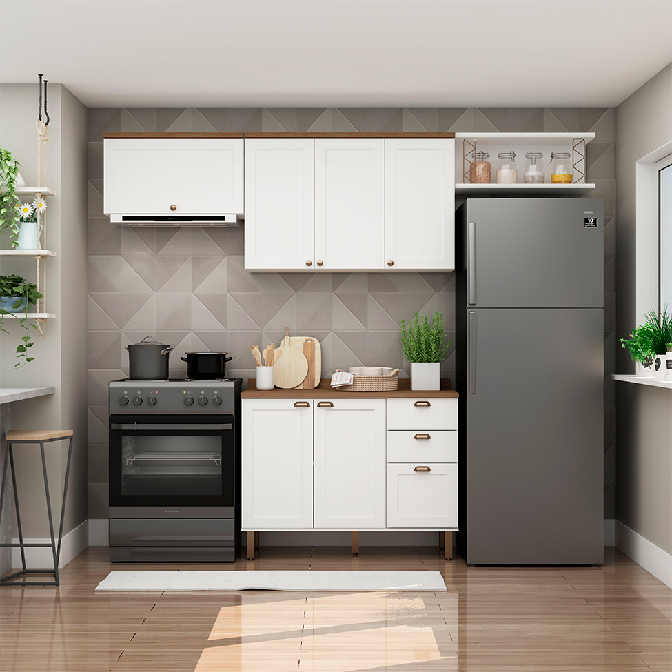 Cozinha Compacta Iluminata 6 Portas 3 Gavetas Branca e Ébano