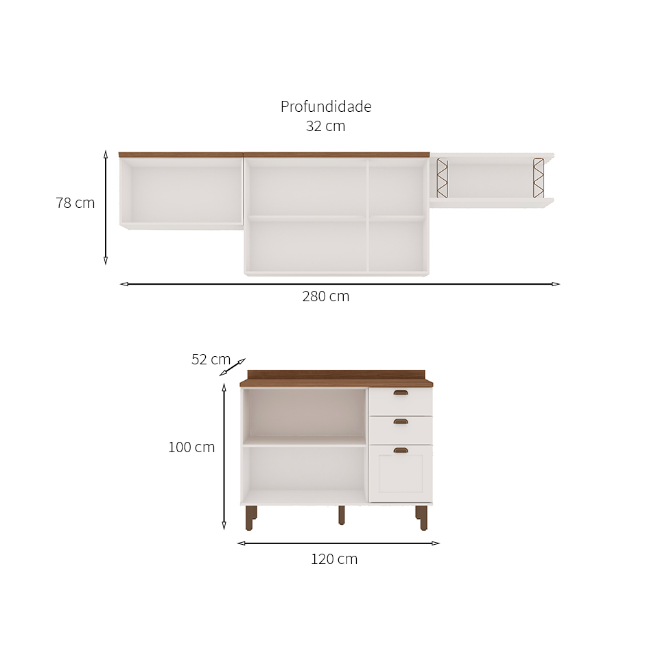 Cozinha Compacta Iluminata 6 Portas 3 Gavetas Branca e Ébano