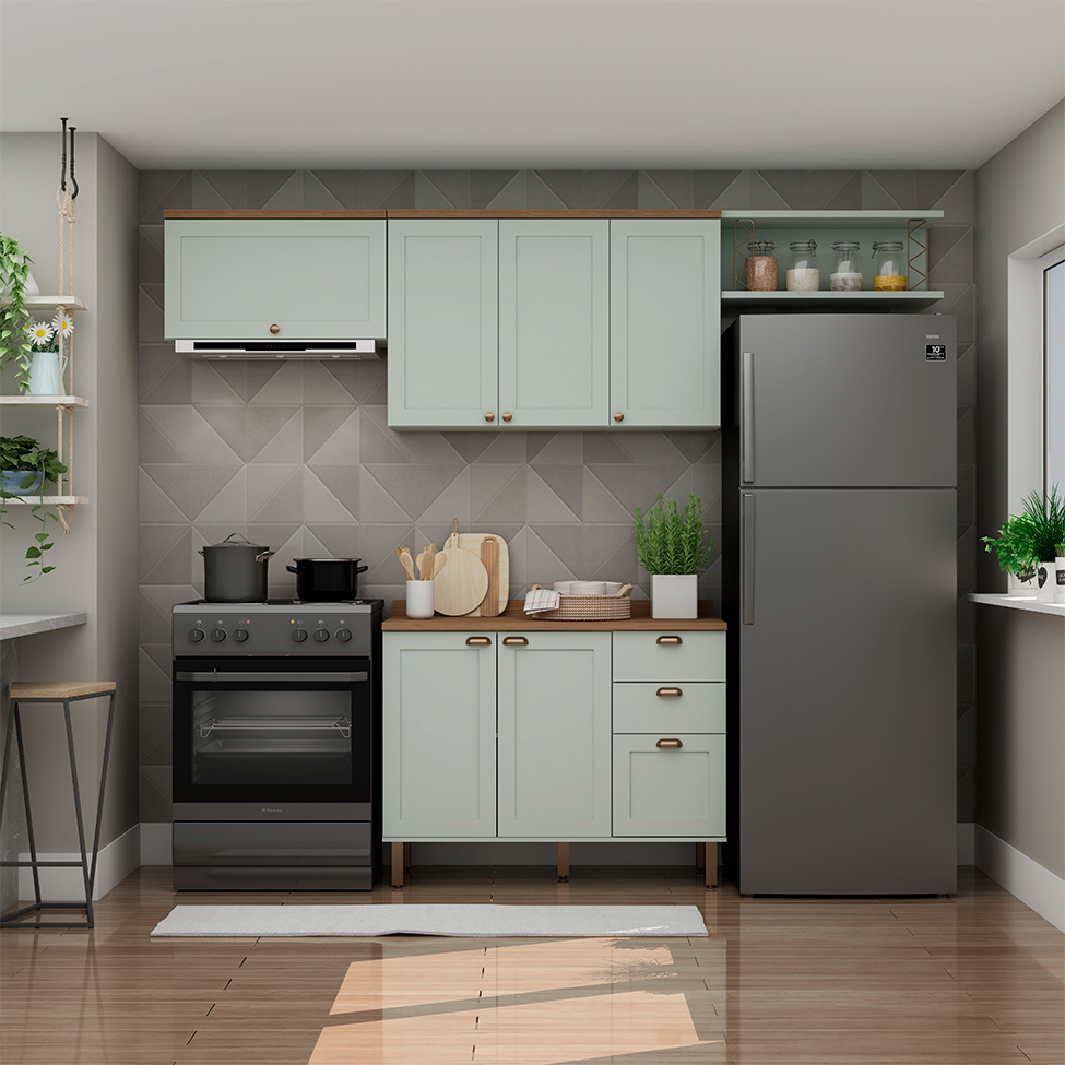 Cozinha Compacta Iluminata 6 Portas 3 Gavetas Verde Mint e Ébano