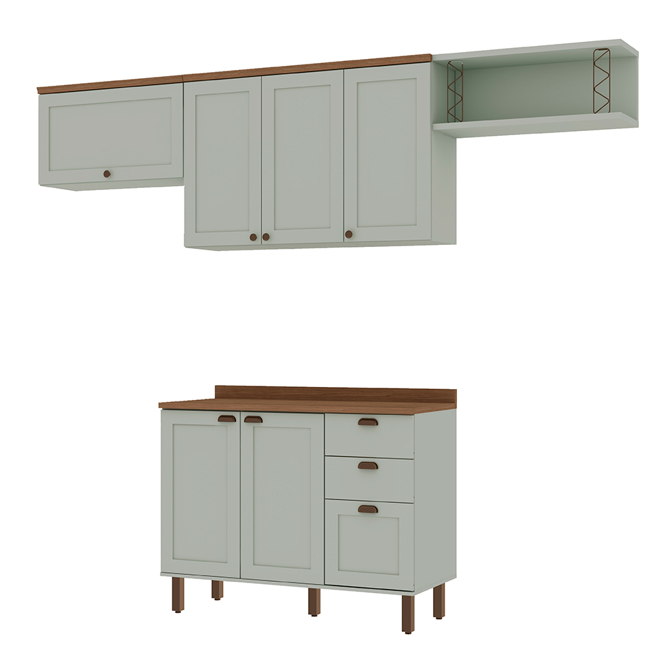 Cozinha Compacta Iluminata 6 Portas 3 Gavetas Verde Mint e Ébano