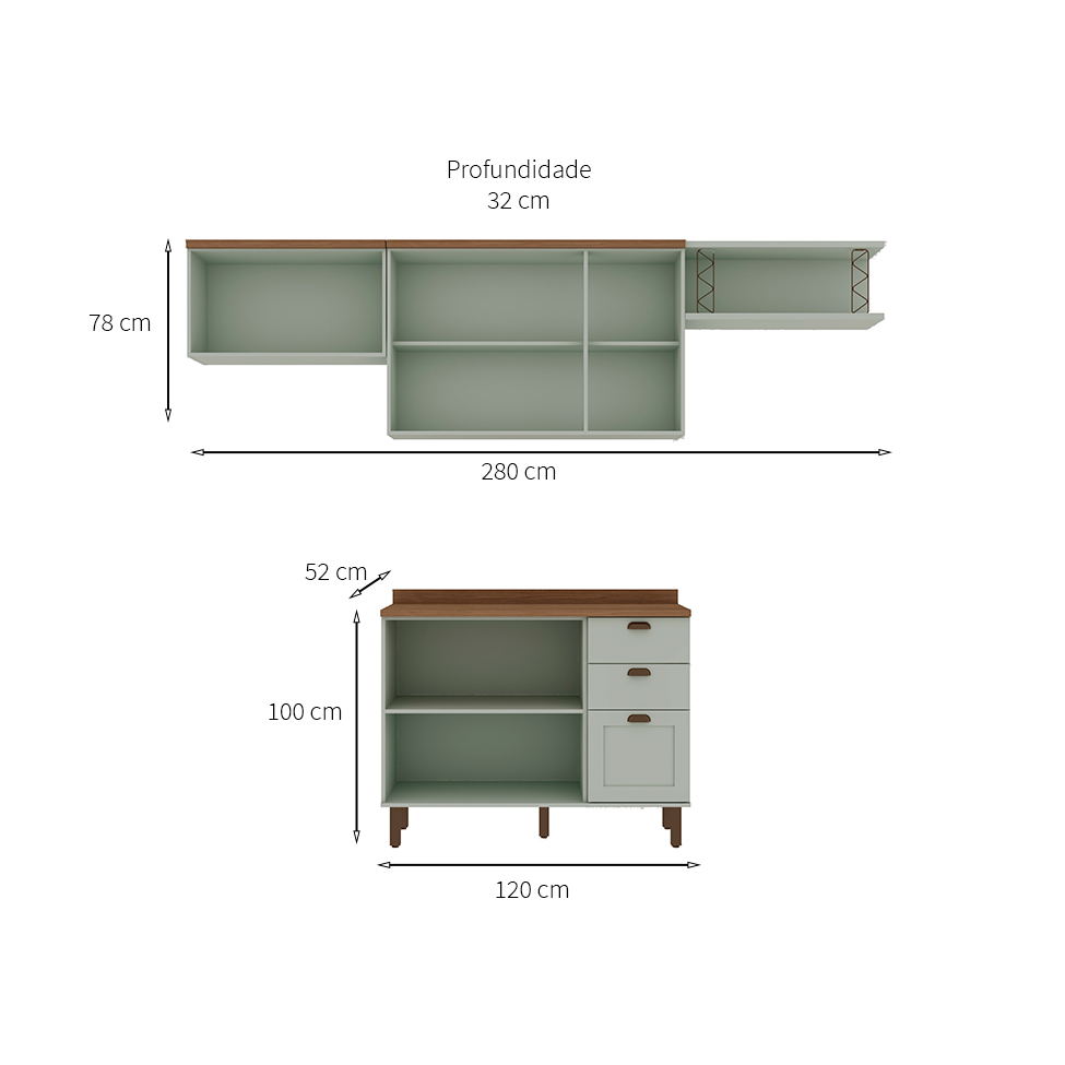 Cozinha Compacta Iluminata 6 Portas 3 Gavetas Verde Mint e Ébano