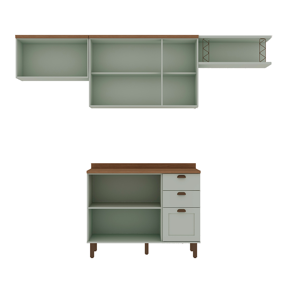 Cozinha Compacta Iluminata 6 Portas 3 Gavetas Verde Mint e Ébano